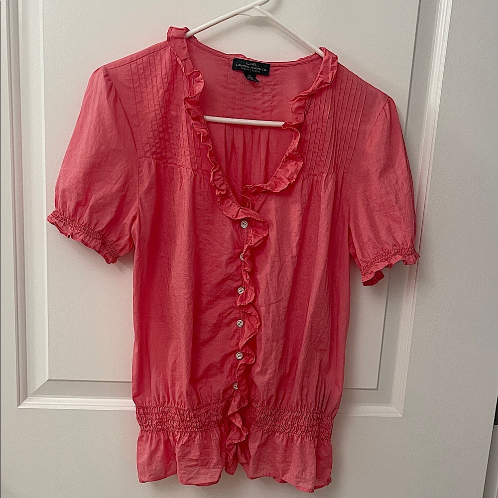 Ralph Lauren Coral Pink Ruffle Blouse/Cotton/Light/short sleeve/ V Neckline